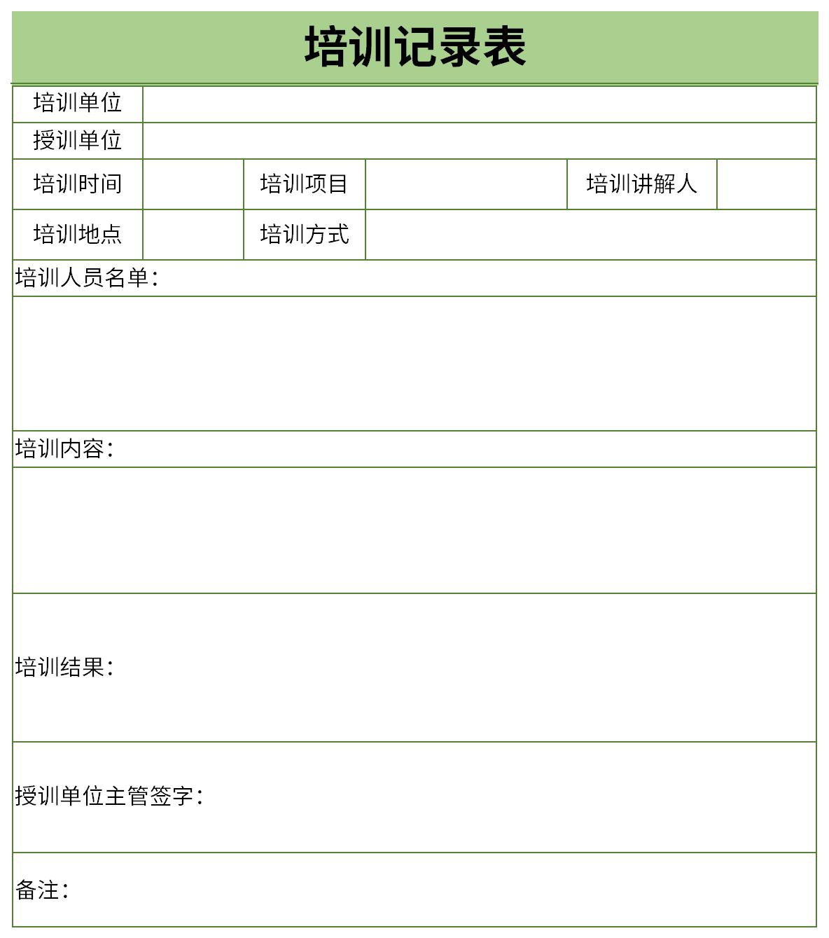 Screenshot of training record form template