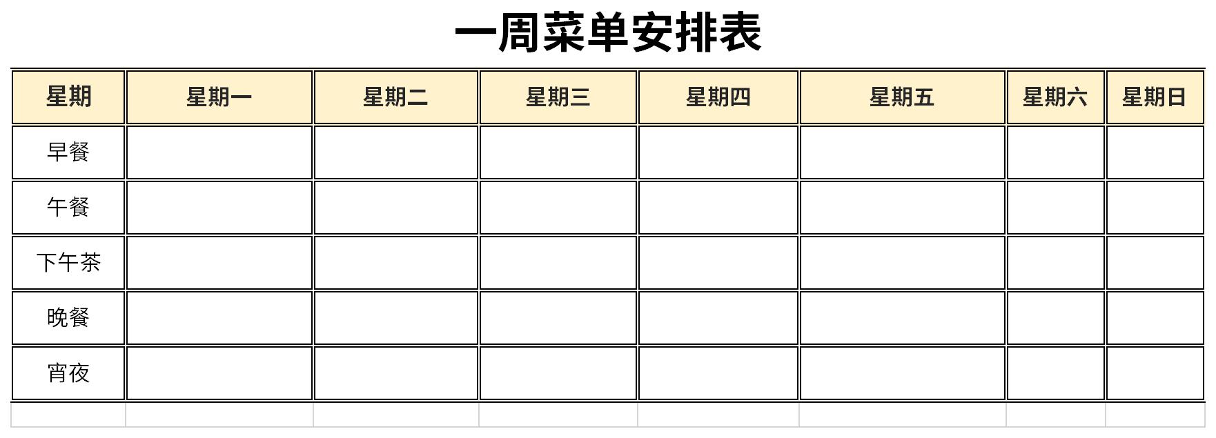 Screenshot of weekly menu schedule