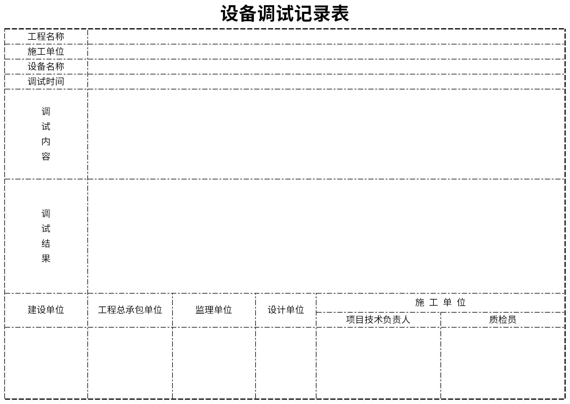 Screenshot of equipment debugging record sheet