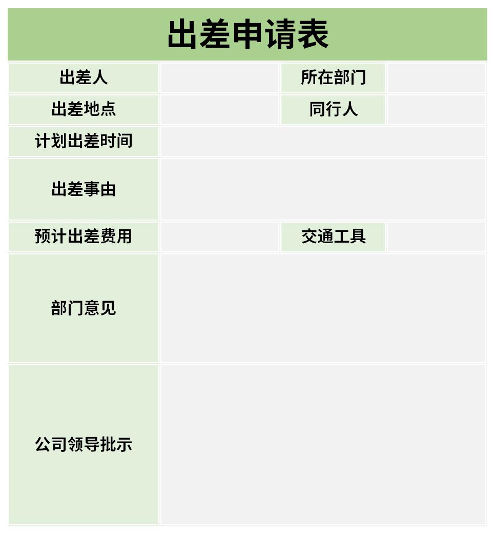 Screenshot of business trip application form
