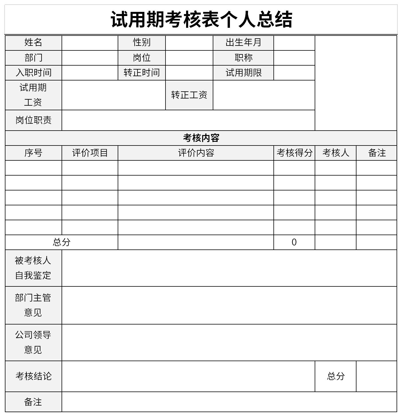 Screenshot of personal summary of probation period assessment form