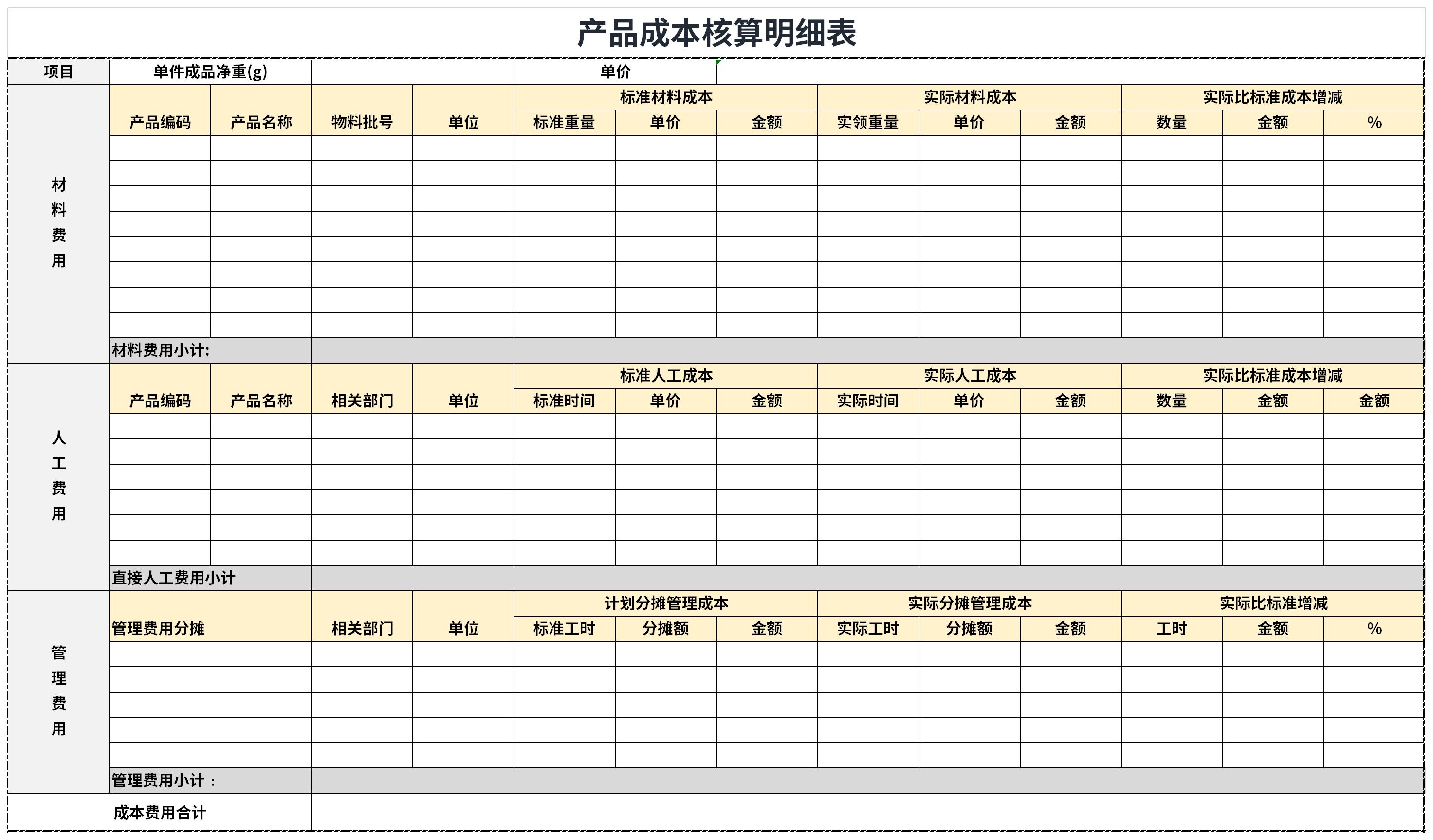 Screenshot of Product Costing Detailed Sheet