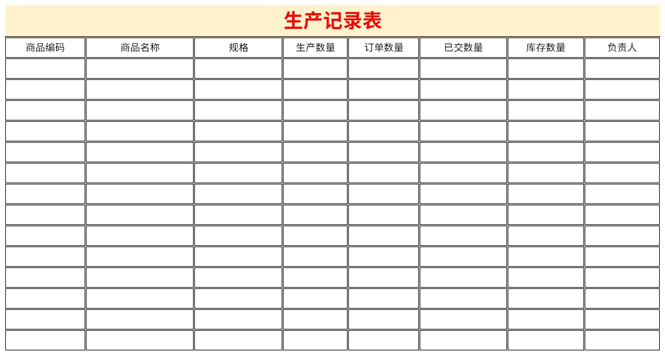 Screenshot of production record sheet