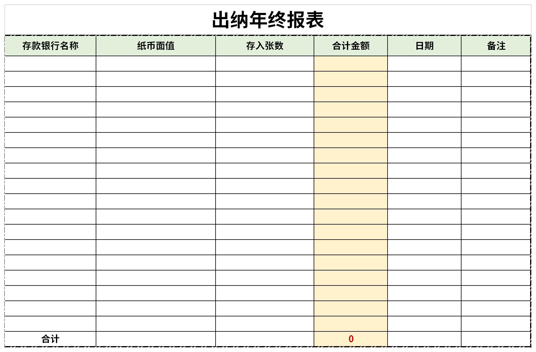 Screenshot of cashier year-end report template