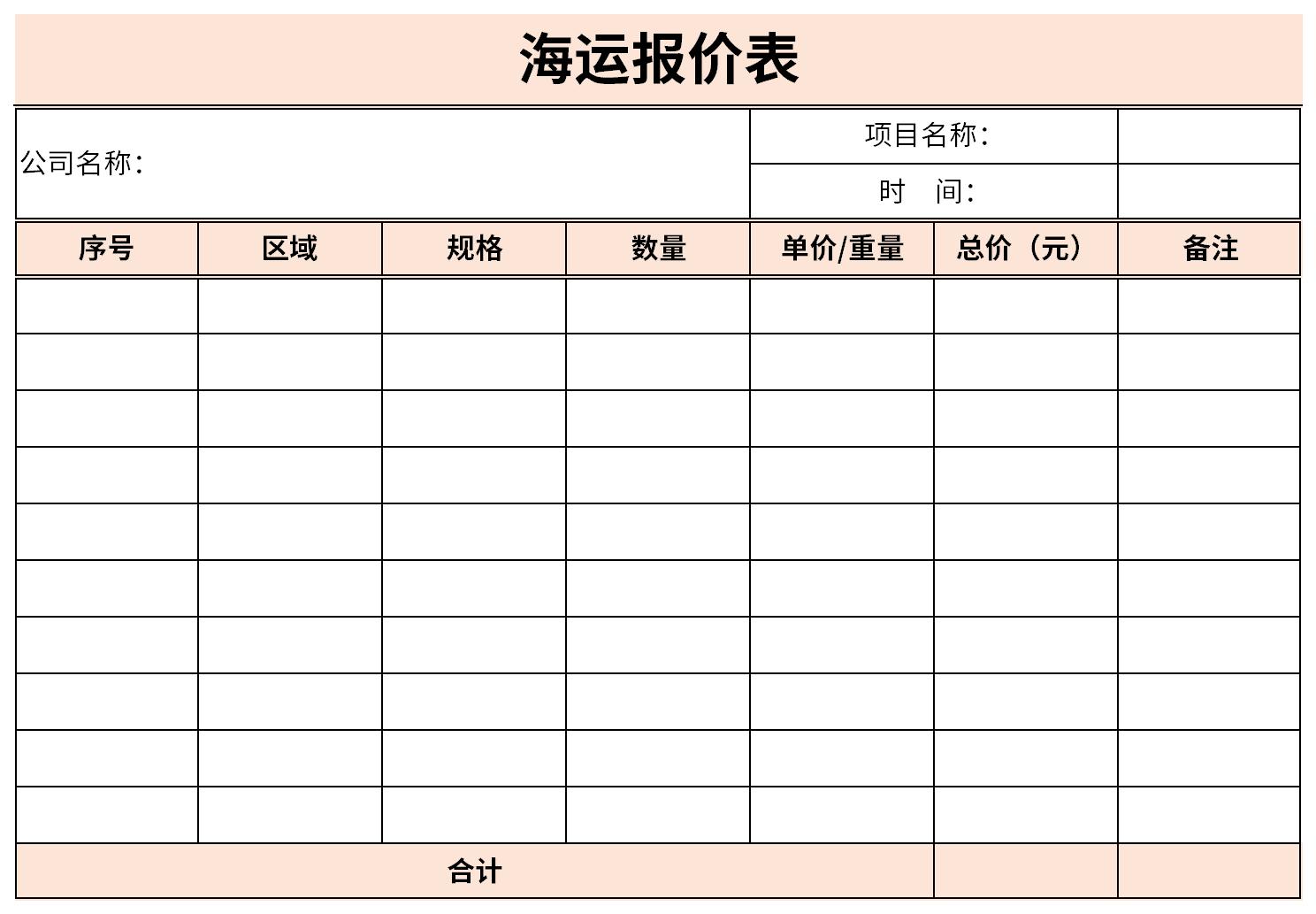 Screenshot of international shipping price list