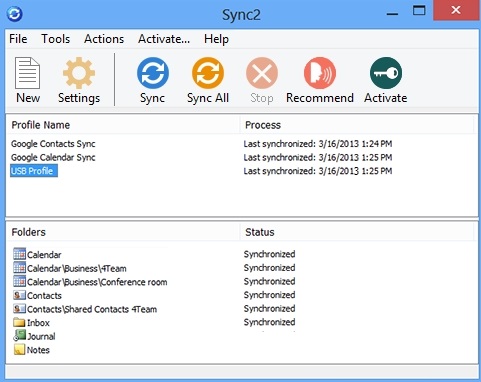 Screenshot of Microsoft data synchronization backup (Sync2 for Microsoft Outlook)