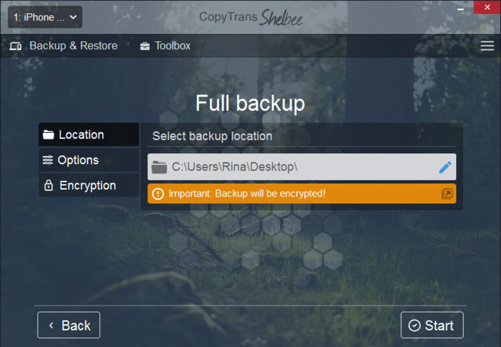 Screenshot of ios device data backup and restoration tool (CopyTrans Shelbee)