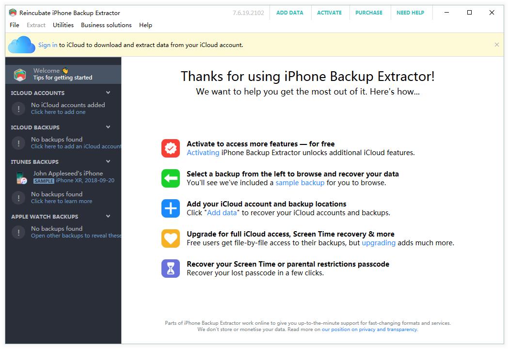 Screenshot of backup extraction software (Reincubate iPhone Backup Extractor)