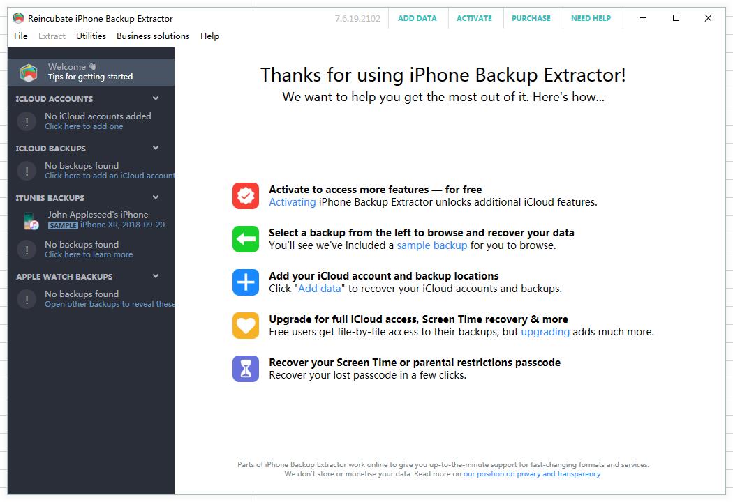 Screenshot of backup extraction software (Reincubate iPhone Backup Extractor)