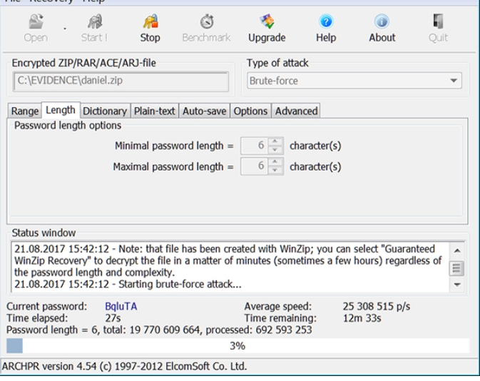 Screenshot of compressed package password decompression tool (ARCHPR)