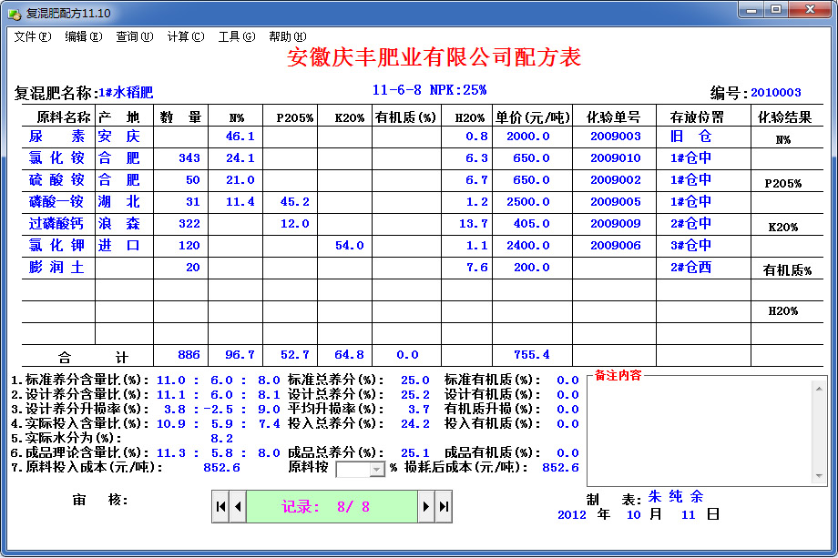 Screenshot of organic and inorganic compound fertilizer formula