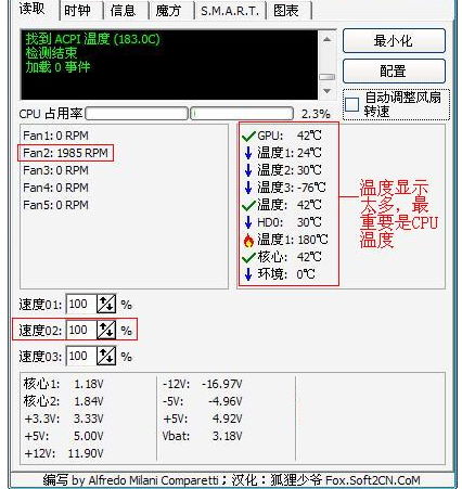 Screenshot of SpeedFan fan speed adjustment software