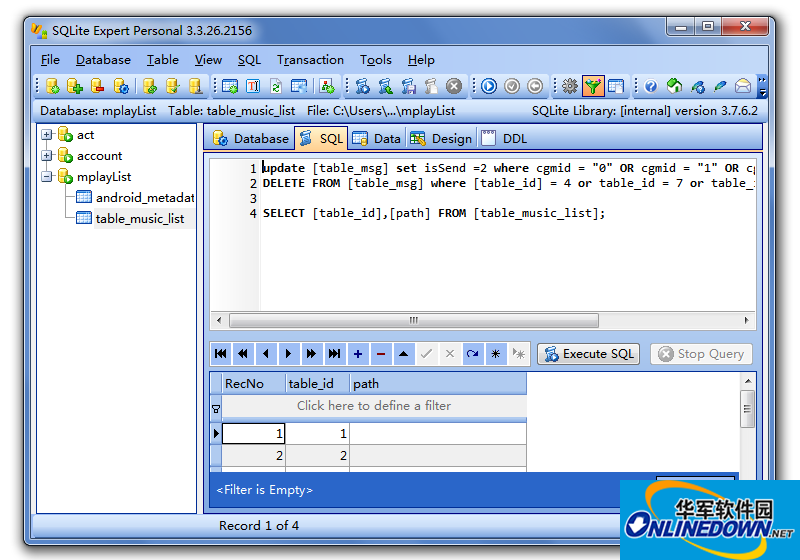 Screenshot of SQLite visual management tool (SQLite Expert Pro)