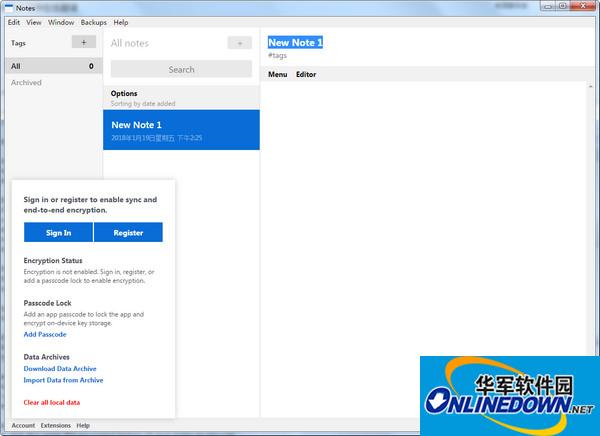 Screenshot of cloud note-taking software Standard Notes