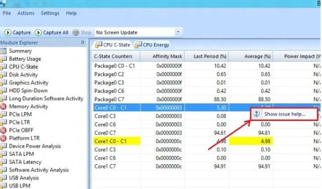 Screenshot of Intel Battery Life Analyzer (BLA) battery life analysis tool