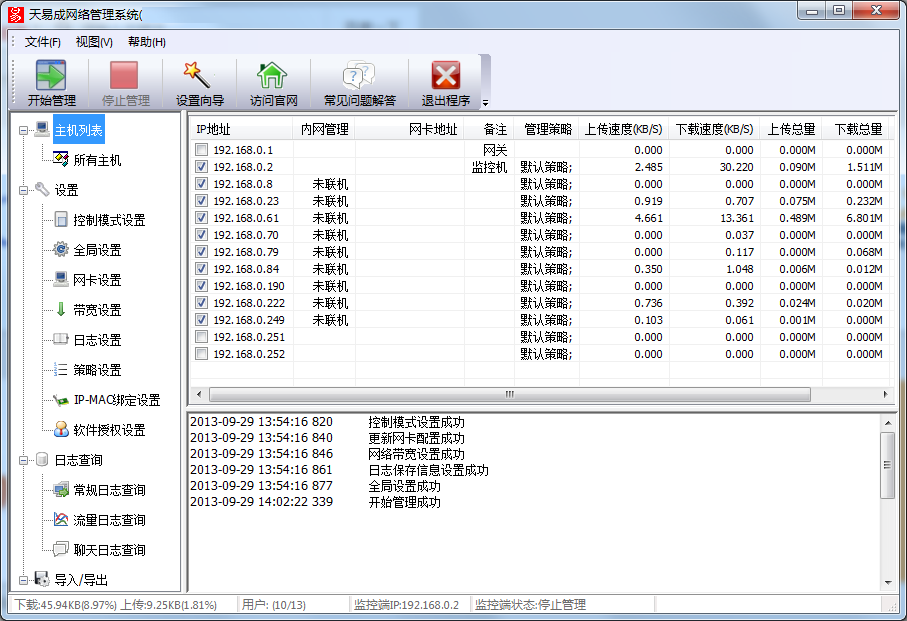 Screenshot of Tianyicheng network management software monitoring terminal