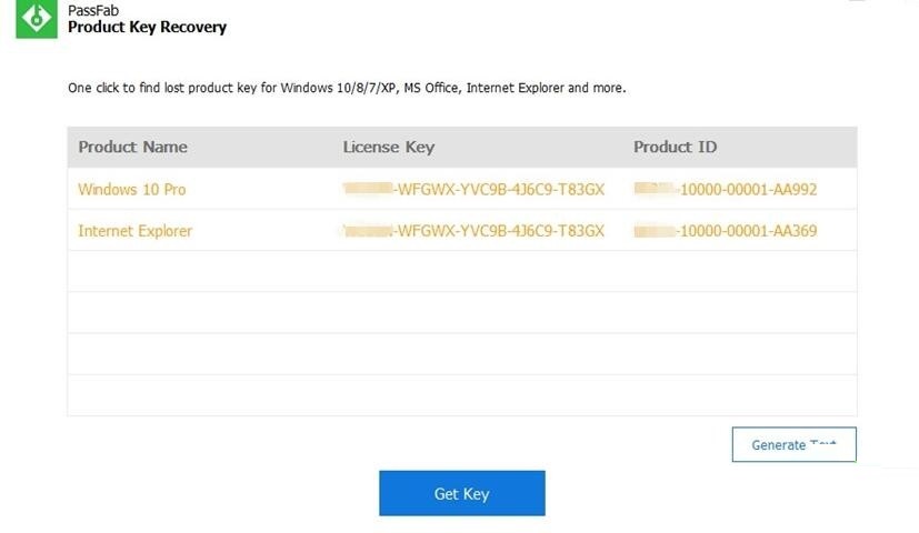 PassFab Product Key Recovery screenshot