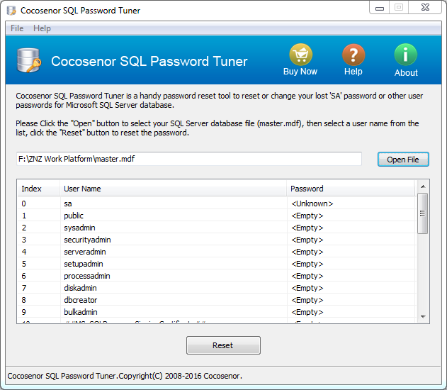 Screenshot of Cocosenor SQL Password Tuner