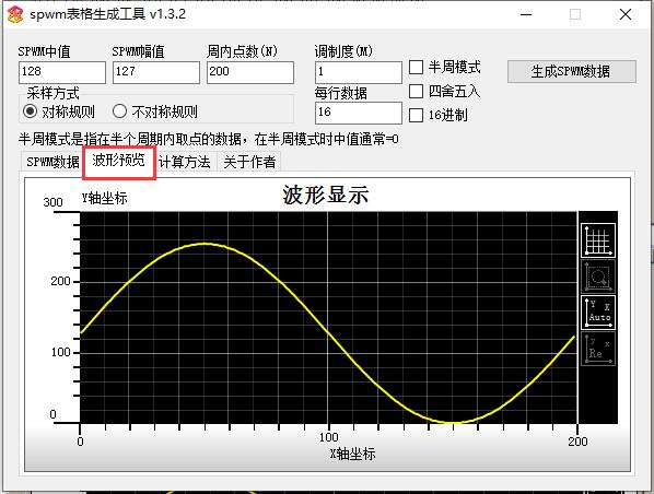 Screenshot of SPWM table generation tool