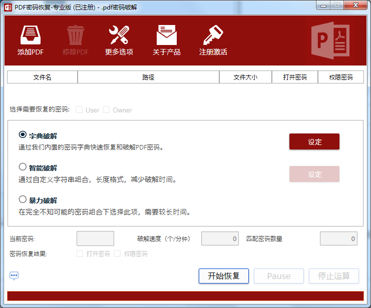 PDF password recovery tool screenshot