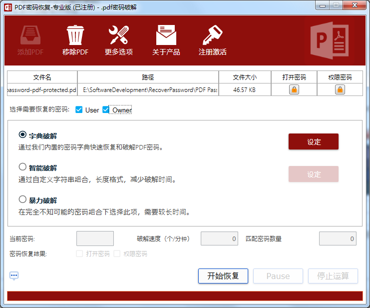 PDF password recovery tool screenshot