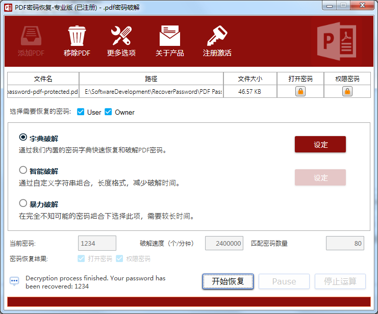 PDF password recovery tool screenshot