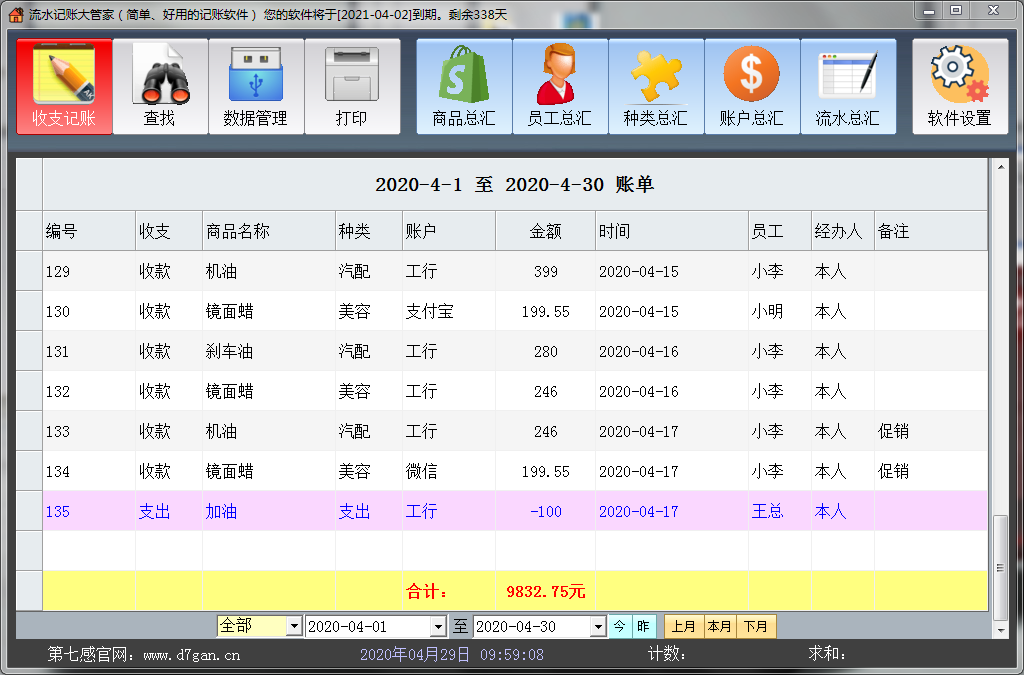 Screenshot of running water accounting butler