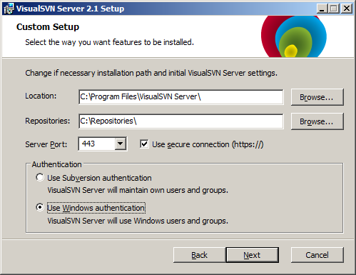 Screenshot of VisualSVN Server (integrated SVN server tool)