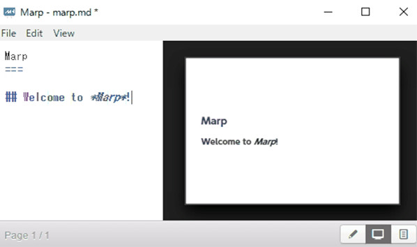 Screenshot of Marp (code creation slideshow software)