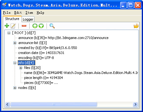 Screenshot of the torrent file name editor BEncode Editor
