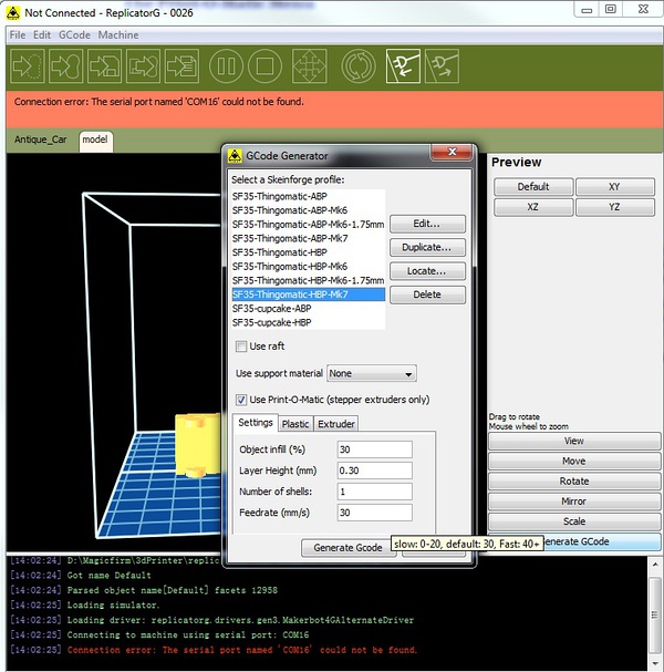 Screenshot of 3D printer control software (ReplicatorG)