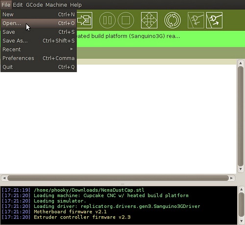 Screenshot of 3D printer control software (ReplicatorG)