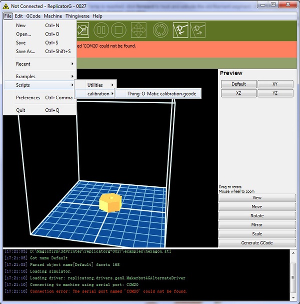 Screenshot of 3D printer control software (ReplicatorG)