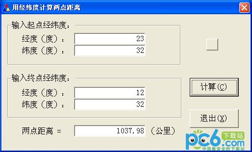 Longitude and latitude calculation tool for distance between two points