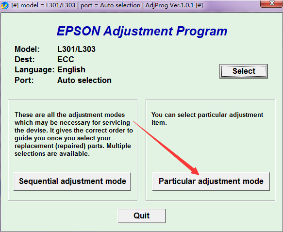 Epson L303 reset software screenshot