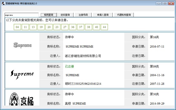 Screenshot of trademark query system