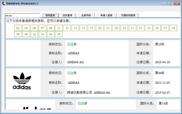 Screenshot of trademark query system