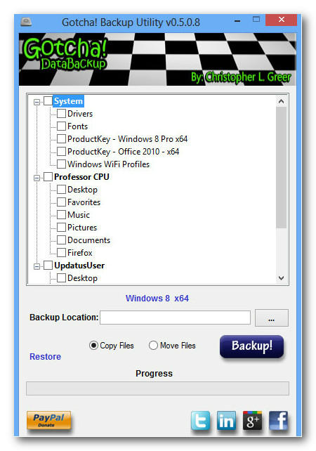 Screenshot of one-click backup/restore tool GotchaBackup