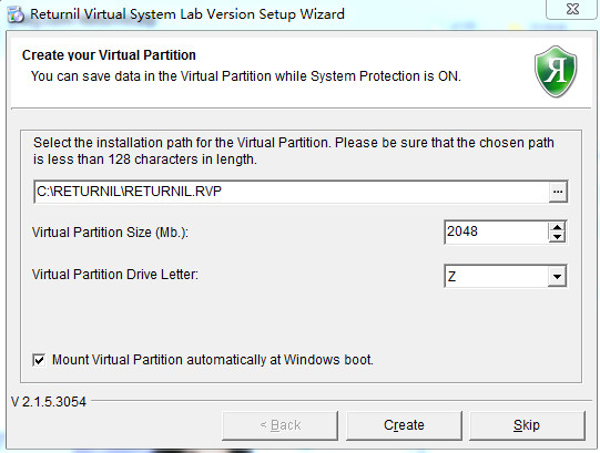 Screenshot of Returnil virtual shadow system