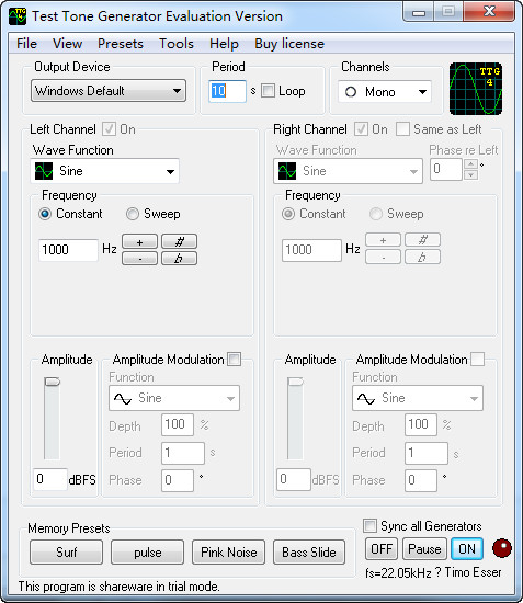 Screenshot of the earphone software (TestTone)