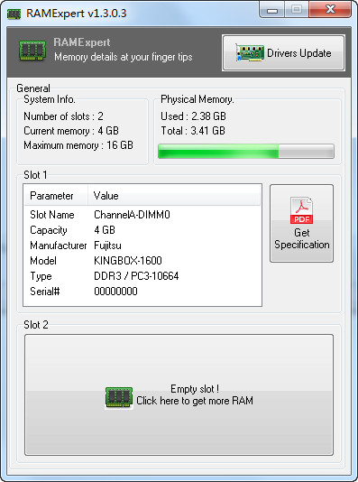 Screenshot of memory module model detection software RAMExpert